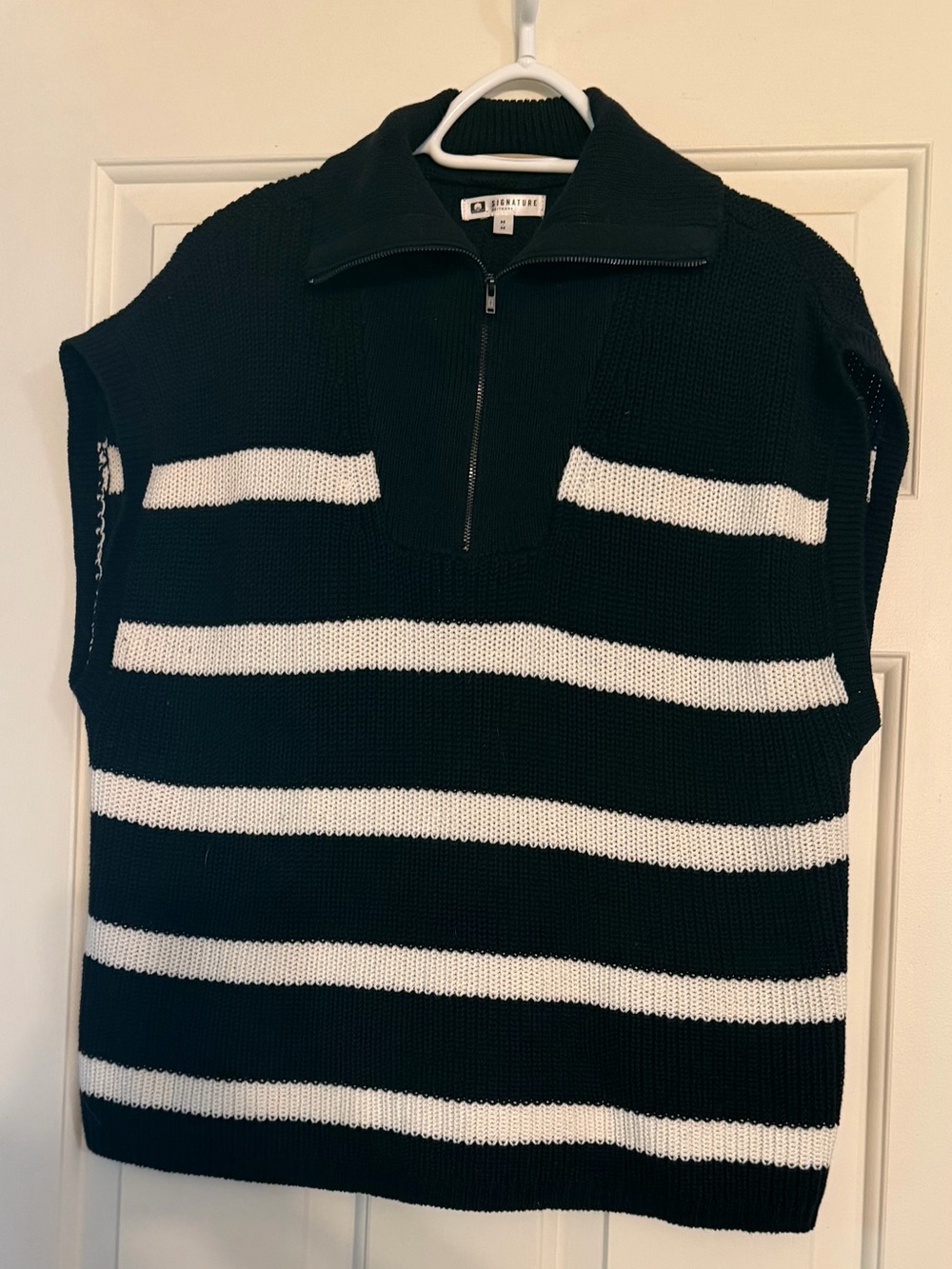 Reitmans Black and White Striped Half-Zip Knit Sweater - Women’s
